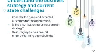 Understand the business
strategy and current
state challenges
• Consider the goals and expected
outcomes for the organization.
• Is the organization pursuing a growth
strategy?
• Or, is it trying to turn around
underperforming business lines?
57
 