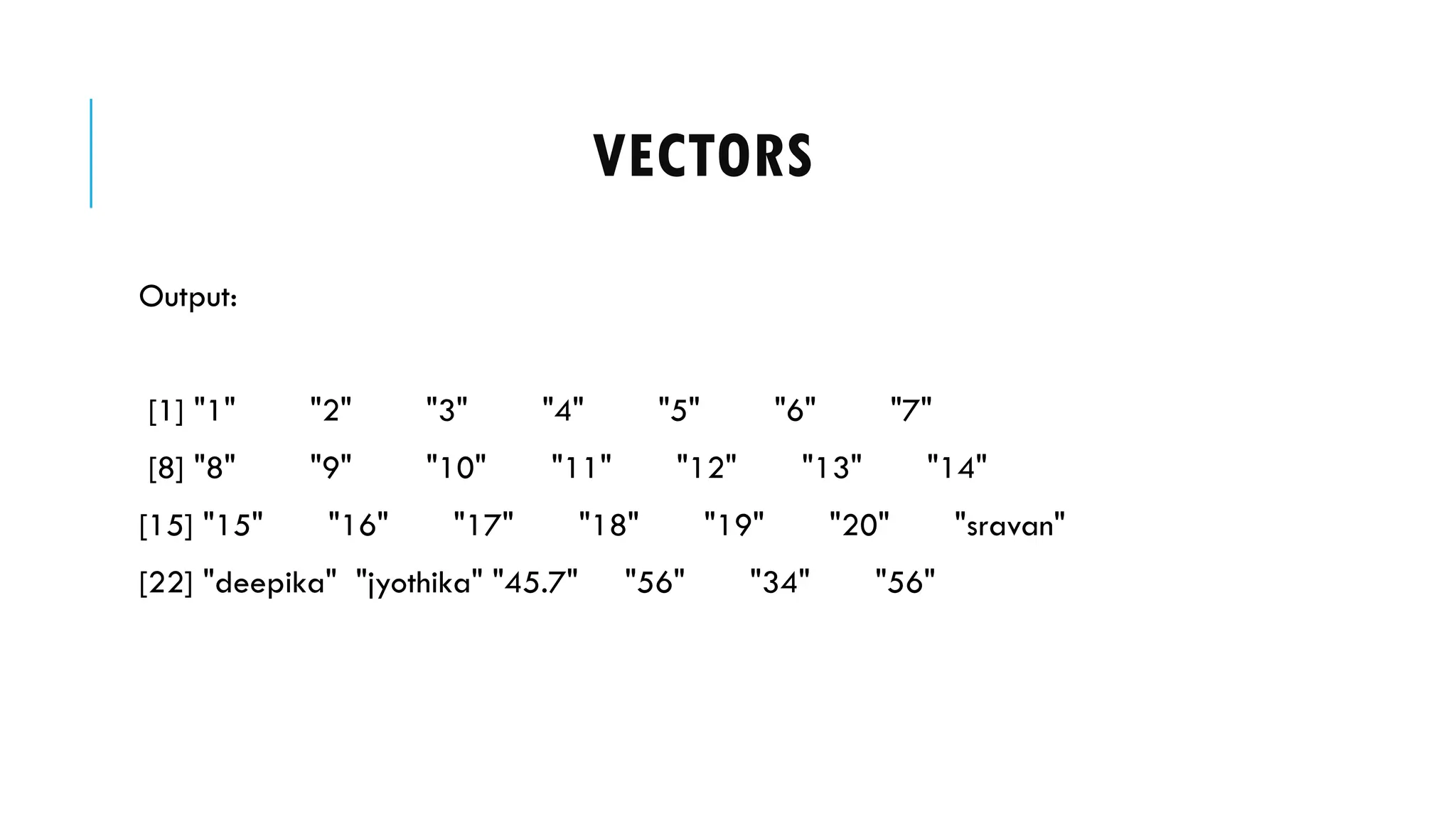 VECTORS
Output:
[1] "1" "2" "3" "4" "5" "6" "7"
[8] "8" "9" "10" "11" "12" "13" "14"
[15] "15" "16" "17" "18" "19" "20" "sravan"
[22] "deepika" "jyothika" "45.7" "56" "34" "56"
 