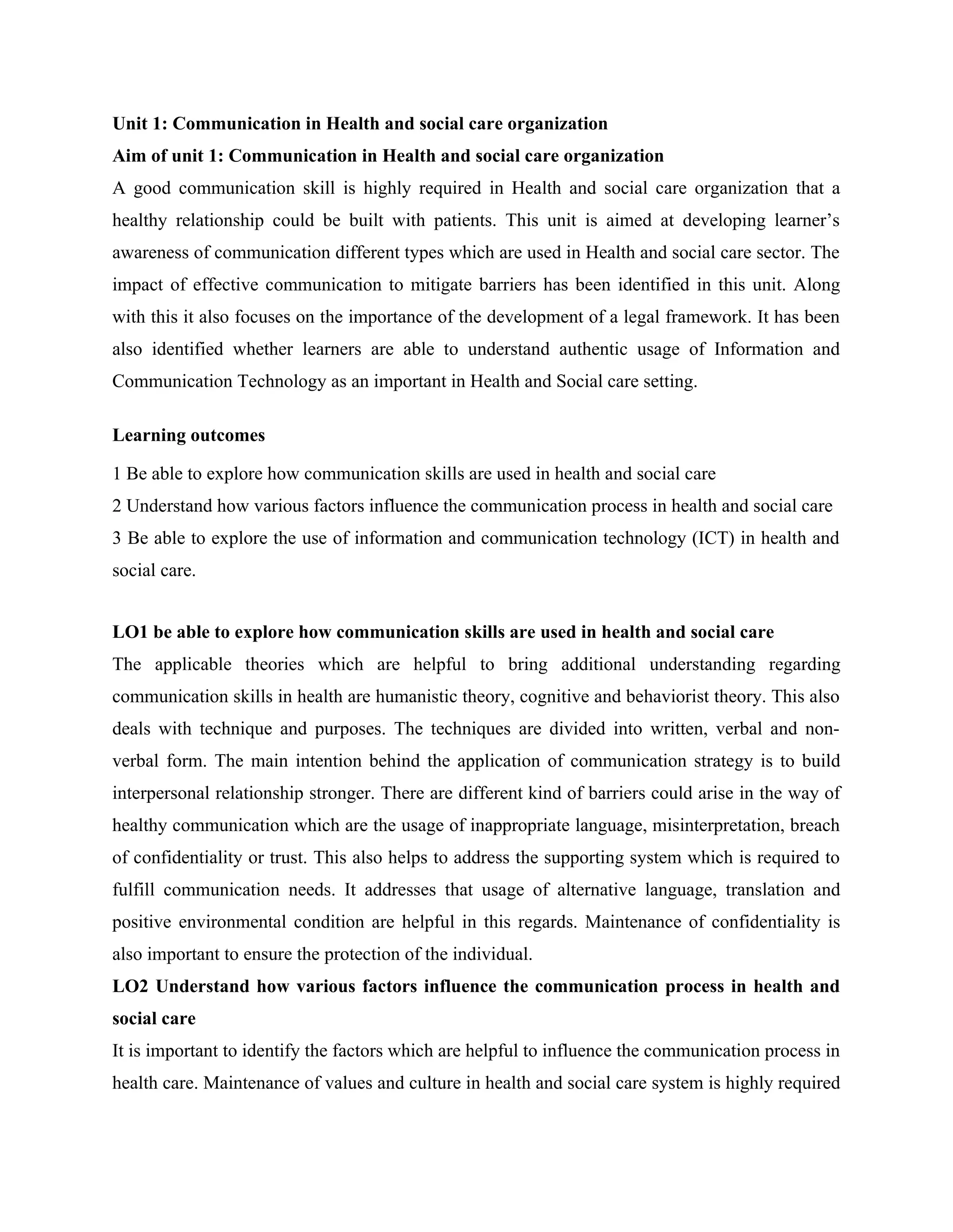 Unit 1: Communication in Health and social care organization | DOCX