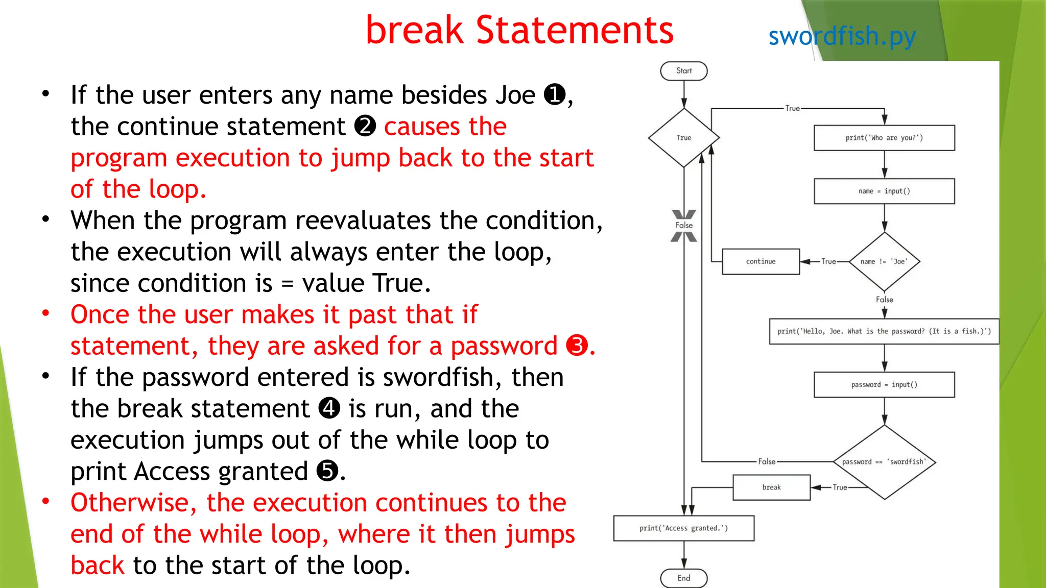 break Statements
• If the user enters any name besides Joe ,
➊
the continue statement ➋ causes the
program execution to jump back to the start
of the loop.
• When the program reevaluates the condition,
the execution will always enter the loop,
since condition is = value True.
• Once the user makes it past that if
statement, they are asked for a password .
➌
• If the password entered is swordfish, then
the break statement is run, and the
➍
execution jumps out of the while loop to
print Access granted .
➎
• Otherwise, the execution continues to the
end of the while loop, where it then jumps
back to the start of the loop.
swordfish.py
 