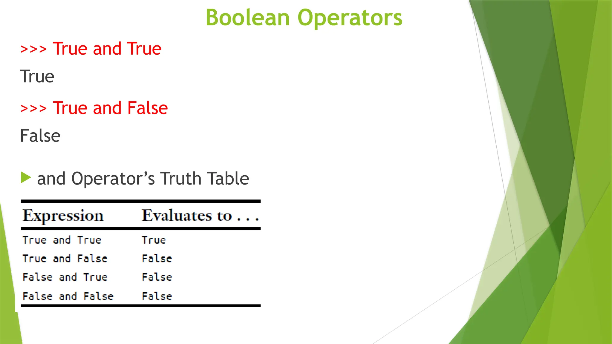Boolean Operators
>>> True and True
True
>>> True and False
False
 and Operator’s Truth Table
 