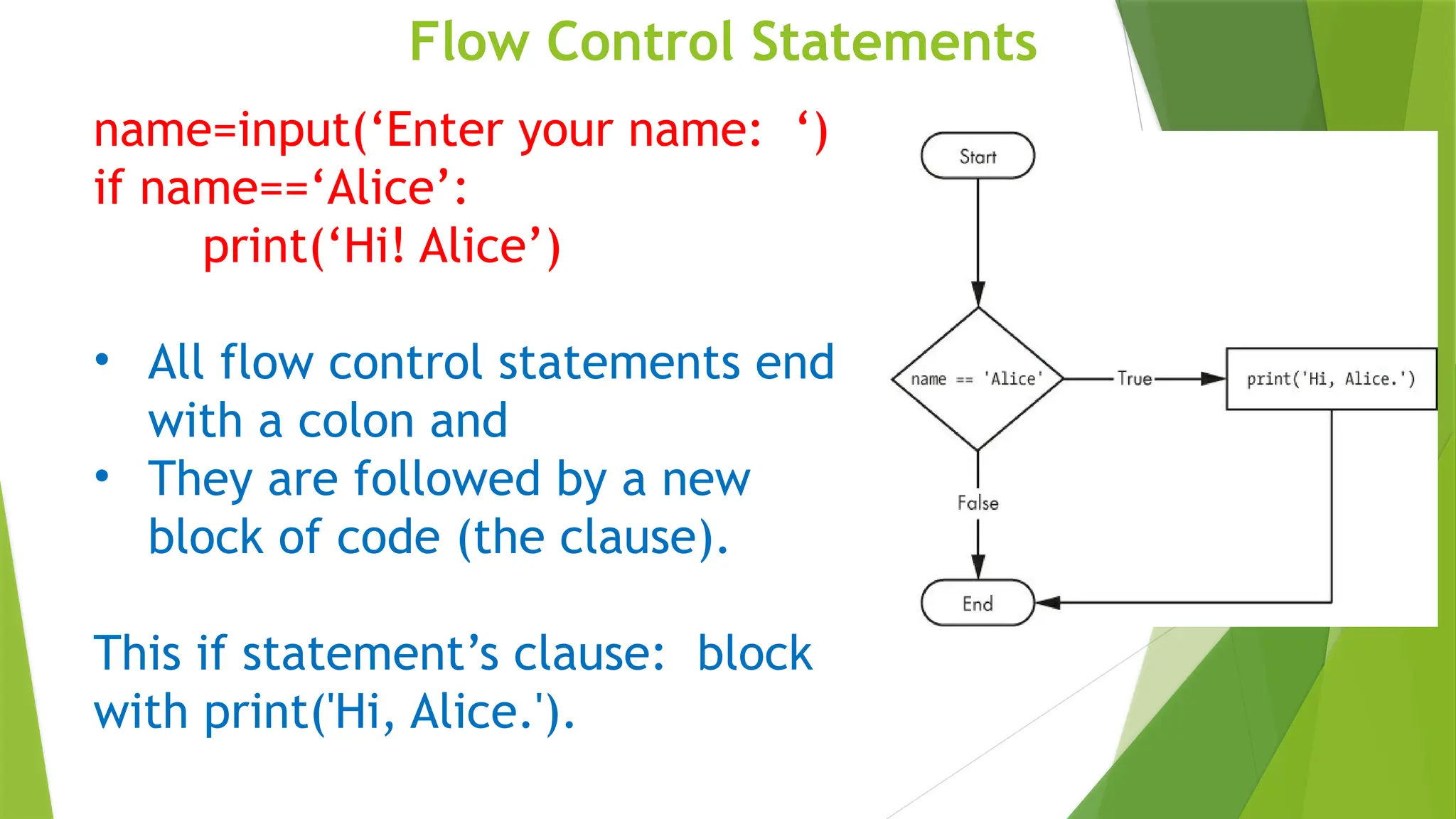 Flow Control Statements
name=input(‘Enter your name: ‘)
if name==‘Alice’:
print(‘Hi! Alice’)
• All flow control statements end
with a colon and
• They are followed by a new
block of code (the clause).
This if statement’s clause: block
with print('Hi, Alice.').
 