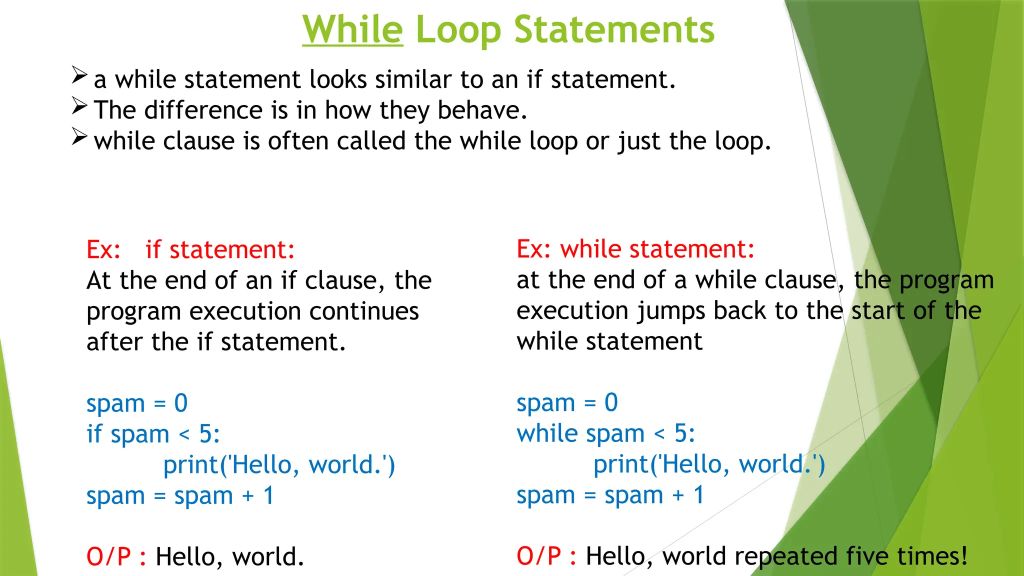 While Loop Statements
a while statement looks similar to an if statement.
The difference is in how they behave.
while clause is often called the while loop or just the loop.
Ex: if statement:
At the end of an if clause, the
program execution continues
after the if statement.
spam = 0
if spam < 5:
print('Hello, world.')
spam = spam + 1
O/P : Hello, world.
Ex: while statement:
at the end of a while clause, the program
execution jumps back to the start of the
while statement
spam = 0
while spam < 5:
print('Hello, world.')
spam = spam + 1
O/P : Hello, world repeated five times!
 