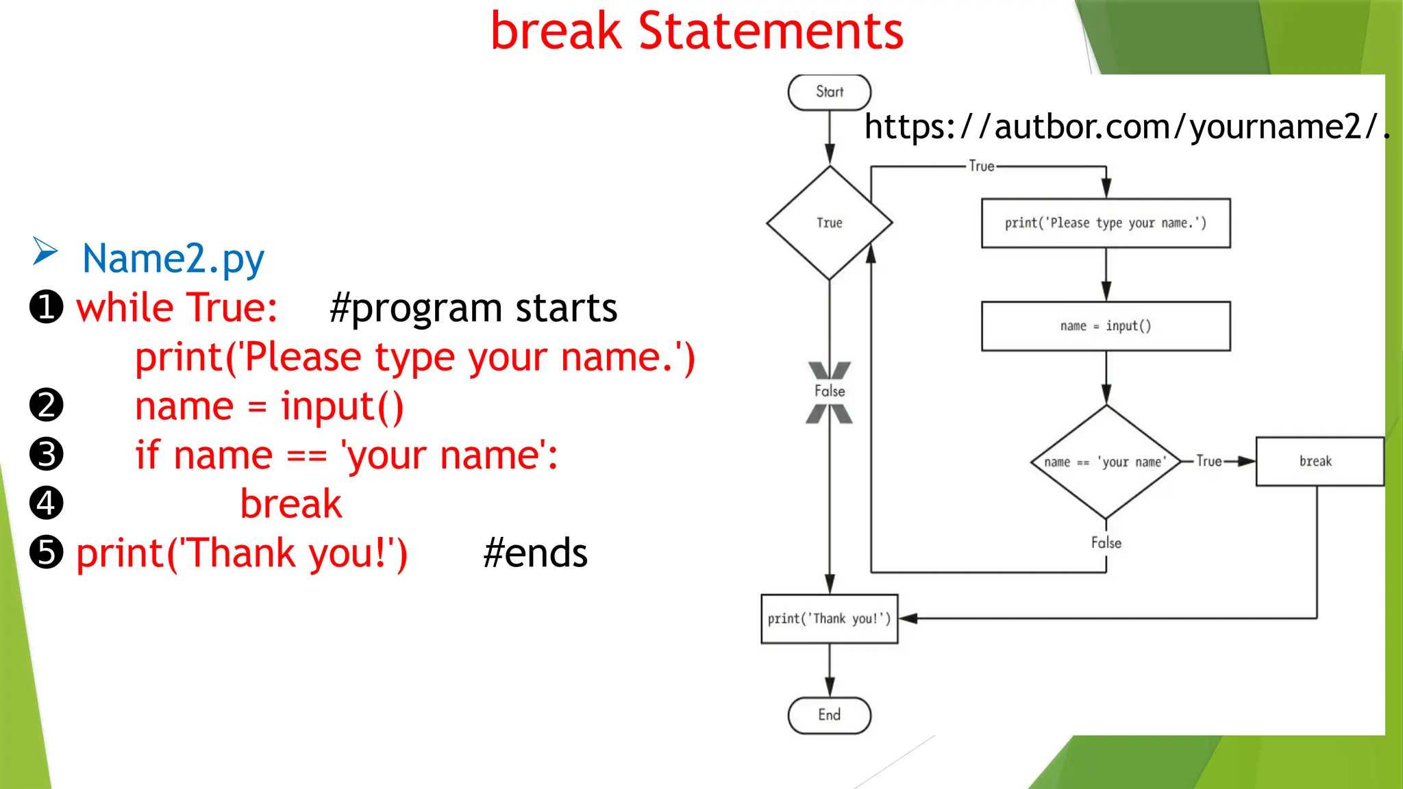 break Statements
 Name2.py
➊ while True: #program starts
print('Please type your name.')
➋ name = input()
➌ if name == 'your name':
➍ break
➎ print('Thank you!') #ends
https://autbor.com/yourname2/.
 