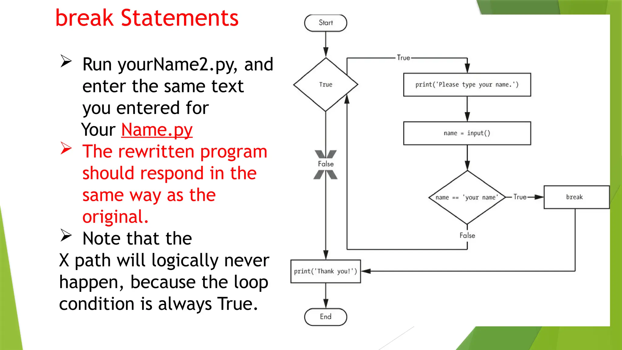 break Statements
 Run yourName2.py, and
enter the same text
you entered for
Your Name.py
 The rewritten program
should respond in the
same way as the
original.
 Note that the
X path will logically never
happen, because the loop
condition is always True.
 