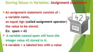 Storing Values in Variables: Assignment statement
 An assignment statement consists of :
a variable name,
an equal sign (called assignment operator)
the value to be stored.
Ex: spam = 42
 A variable named spam will have the
integer value 42 stored in it.
 A variable = a labeled box with a value
 