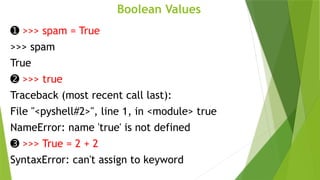 Boolean Values
➊ >>> spam = True
>>> spam
True
➋ >>> true
Traceback (most recent call last):
File "<pyshell#2>", line 1, in <module> true
NameError: name 'true' is not defined
➌ >>> True = 2 + 2
SyntaxError: can't assign to keyword
 