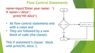 Flow Control Statements
name=input(‘Enter your name: ‘)
if name==‘Alice’:
print(‘Hi! Alice’)
• All flow control statements end
with a colon and
• They are followed by a new
block of code (the clause).
This if statement’s clause: block
with print('Hi, Alice.').
 