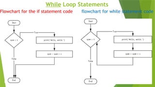 While Loop Statements
Flowchart for the if statement code flowchart for while statement code
 