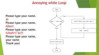 Annoying while Loop
Please type your name.
Al
Please type your name.
Albert
Please type your name.
%#@#%*(^&!!!
Please type your name.
your name
Thank you!
 