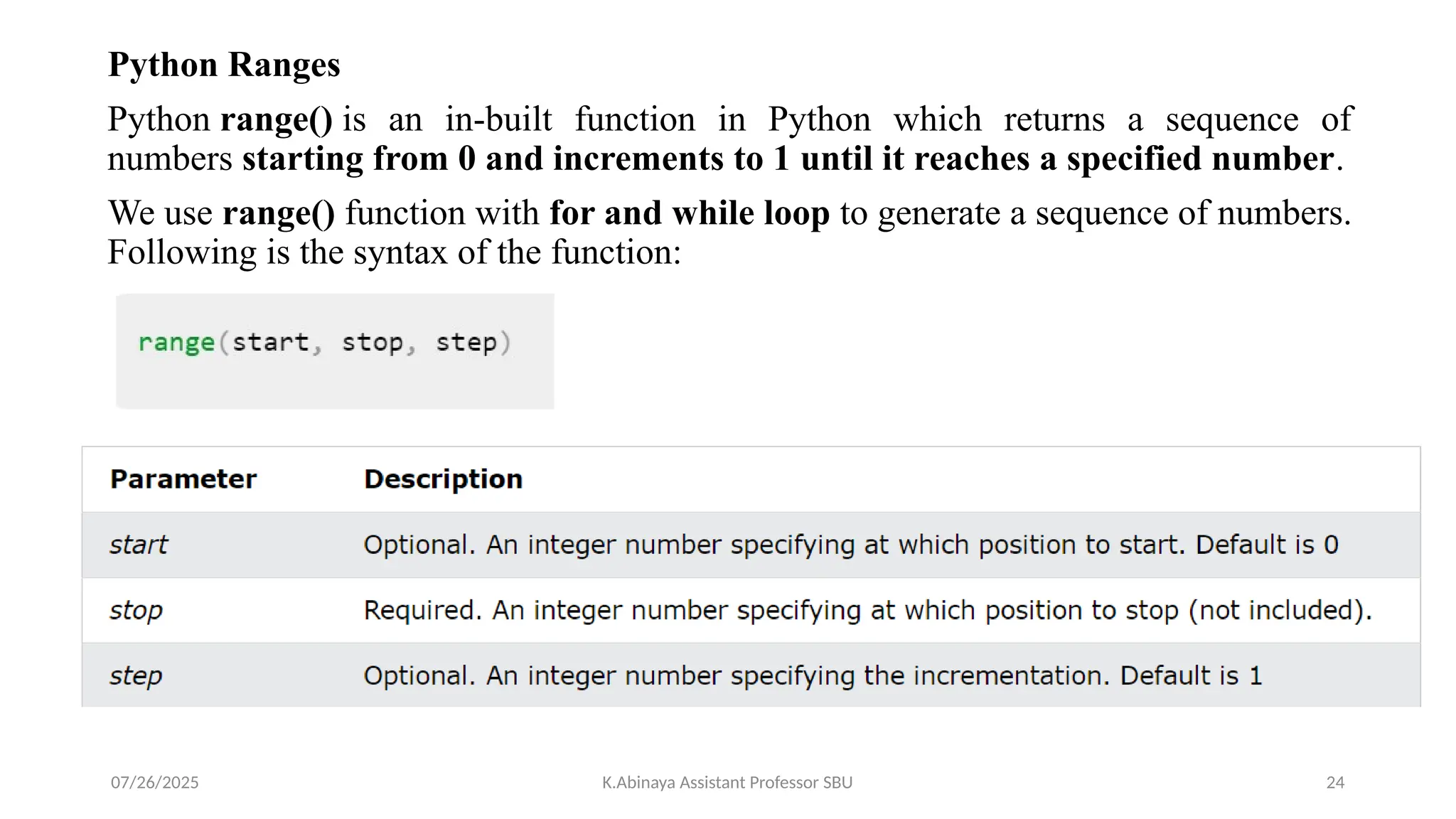 Python Ranges
Python range() is an in-built function in Python which returns a sequence of
numbers starting from 0 and increments to 1 until it reaches a specified number.
We use range() function with for and while loop to generate a sequence of numbers.
Following is the syntax of the function:
07/26/2025 K.Abinaya Assistant Professor SBU 24
 