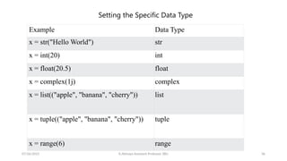 Setting the Specific Data Type
Example Data Type
x = str("Hello World") str
x = int(20) int
x = float(20.5) float
x = complex(1j) complex
x = list(("apple", "banana", "cherry")) list
x = tuple(("apple", "banana", "cherry")) tuple
x = range(6) range
07/26/2025 K.Abinaya Assistant Professor SBU 36
 
