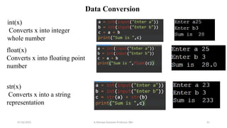 Data Conversion
int(x)
Converts x into integer
whole number
float(x)
Converts x into floating point
number
str(x)
Converts x into a string
representation
07/26/2025 K.Abinaya Assistant Professor SBU 41
 