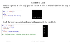 Else in For Loop
The else keyword in a for loop specifies a block of code to be executed when the loop is
finished:
Break the loop when x is 3, and see what happens with the else block:
07/26/2025 K.Abinaya Assistant Professor SBU 78
 