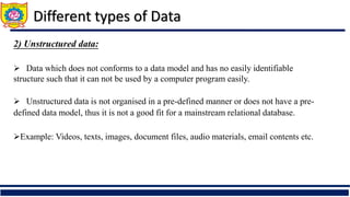 Different types of Data
2) Unstructured data:
 Data which does not conforms to a data model and has no easily identifiable
structure such that it can not be used by a computer program easily.
 Unstructured data is not organised in a pre-defined manner or does not have a pre-
defined data model, thus it is not a good fit for a mainstream relational database.
Example: Videos, texts, images, document files, audio materials, email contents etc.
 