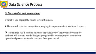 6) Presentation and automation:
Finally, you present the results to your business.
These results can take many forms, ranging from presentations to research reports.
 Sometimes you’ll need to automate the execution of the process because the
business will want to use the insights you gained in another project or enable an
operational process to use the outcome from your model.
Data Science Process
 