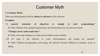 Customer Myth
2. Customer Myths
These are misconceptions held by clients or end-users of the software.
Examples:
“A general statement of objectives is enough to start programming.”
Truth: Without clear, detailed requirements, the final product may not meet user needs.
➤
“Changes can be easily made later.”
Truth: Late-stage changes are costly and can affect system stability.
➤
“All we need is the software to work; documentation and testing are optional.”
Truth: Without documentation and testing, the software becomes difficult to maintain, scale, or
➤
debug.
30
 