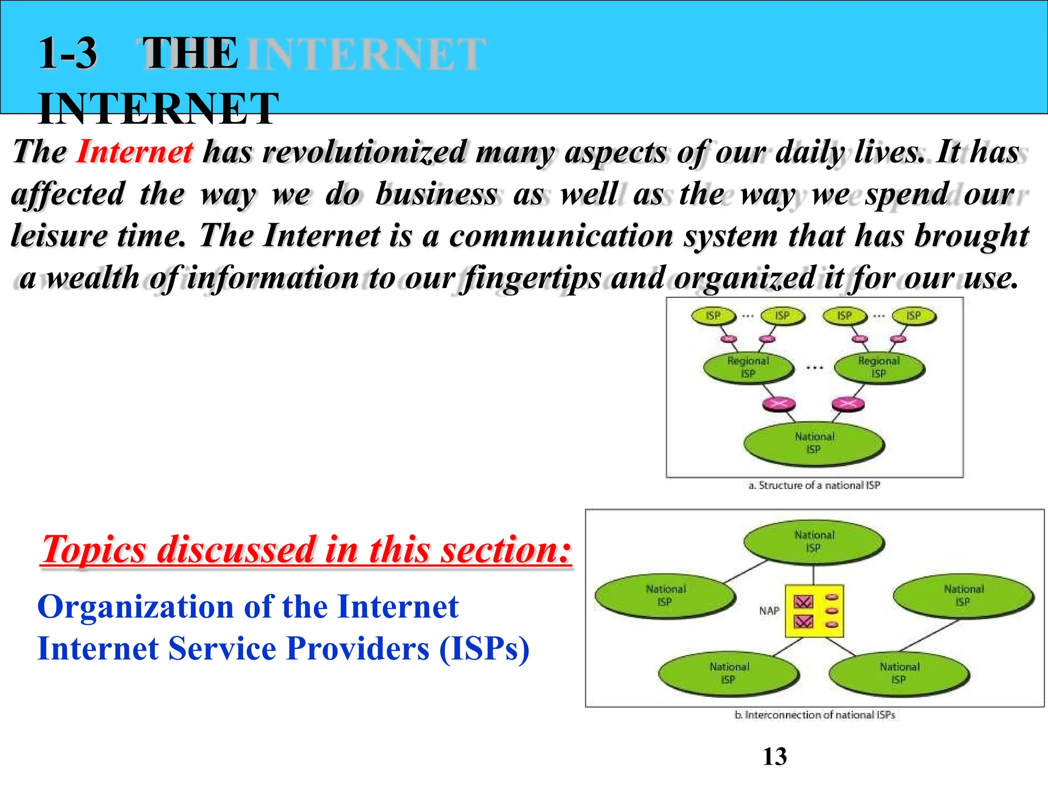 1-3 THE
INTERNET
The Internet has revolutionized many aspects of our daily lives. It has
affected the way we do business as well as the way we spend our
leisure time. The Internet is a communication system that has brought
a wealth of information to our fingertips and organized it for our use.
Topics discussed in this section:
Organization of the Internet
Internet Service Providers (ISPs)
13
 