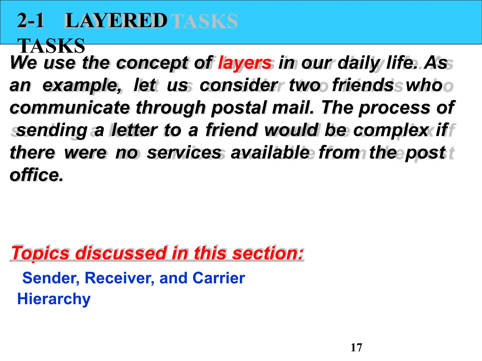 2-1 LAYERED
TASKS
We use the concept of layers in our daily life. As
an example, let us consider two friends who
communicate through postal mail. The process of
sending a letter to a friend would be complex if
there were no services available from the post
office.
Topics discussed in this section:
Sender, Receiver, and Carrier
Hierarchy
17
 