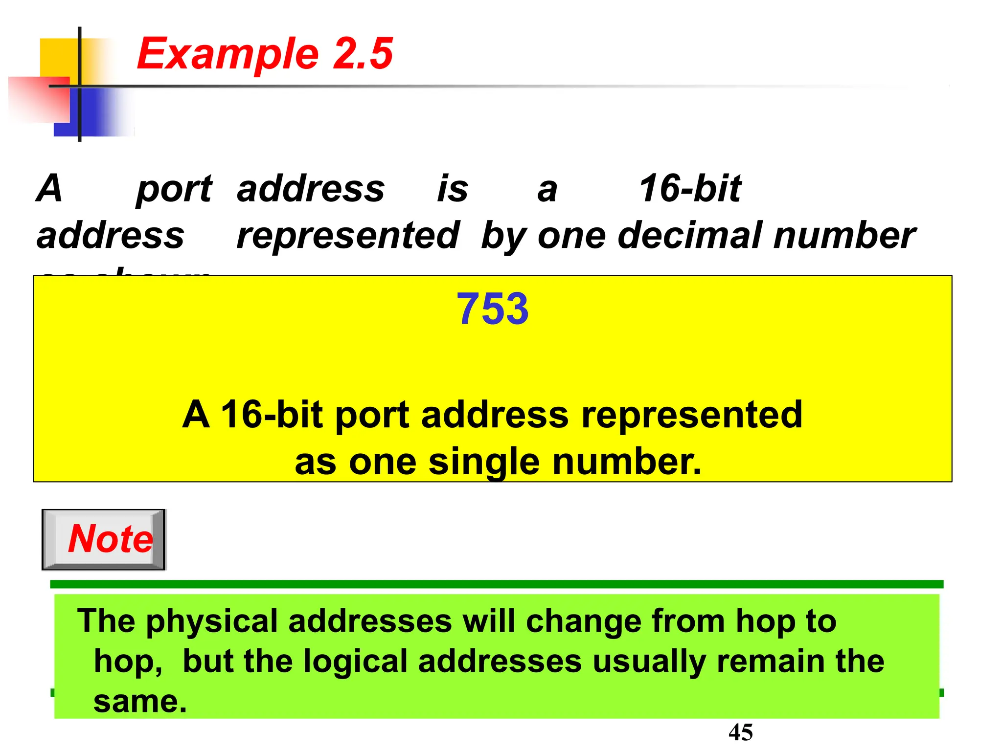 Example 2.5
A port address is a 16-bit
address represented by one decimal number
as shown.
753
A 16-bit port address represented
as one single number.
The physical addresses will change from hop to
hop, but the logical addresses usually remain the
same.
Note
45
 
