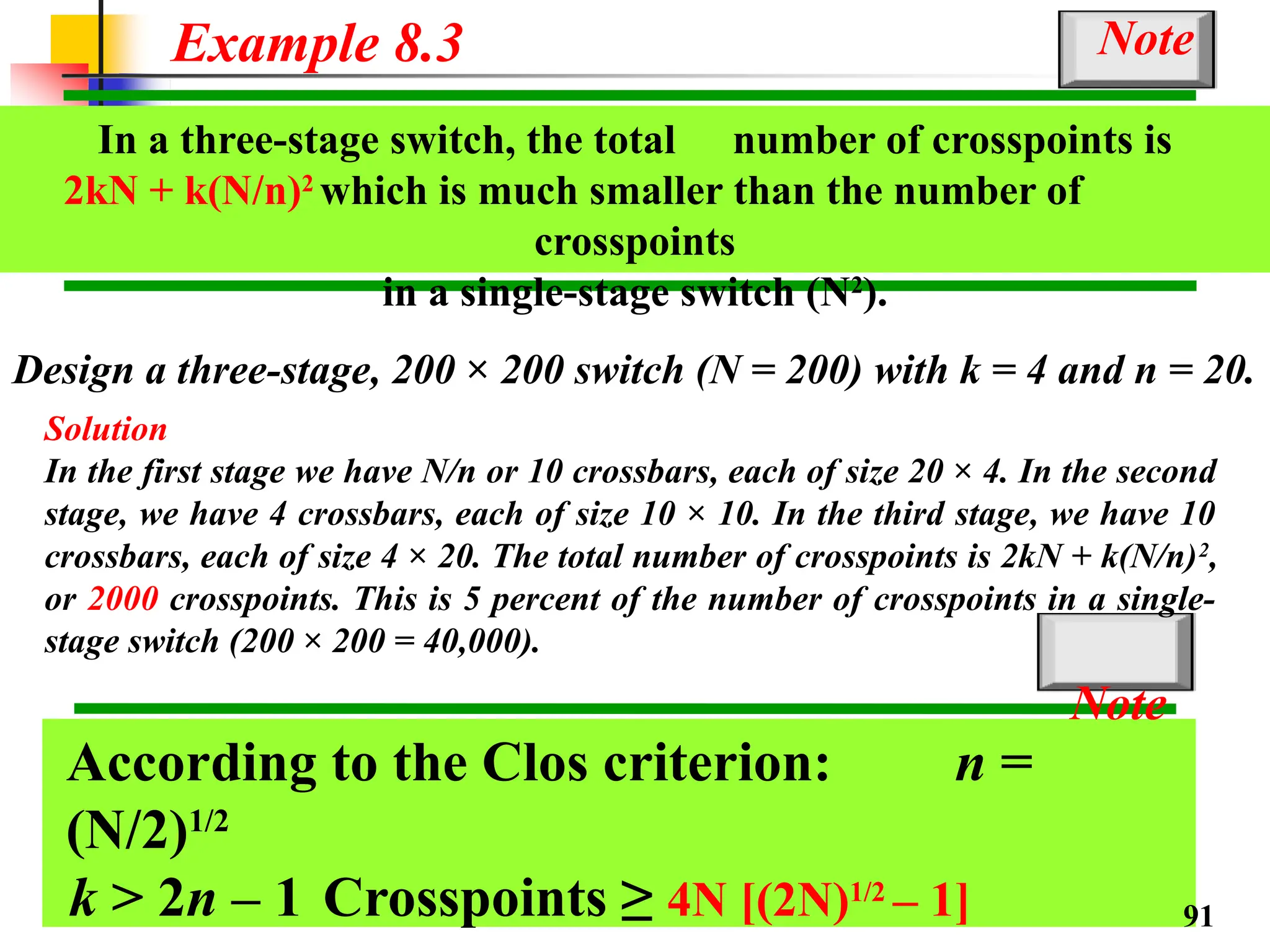 Example 8.3 Note
According to the Clos criterion: n =
(N/2)1/2
k > 2n – 1 Crosspoints ≥ 4N [(2N)1/2
– 1]
In a three-stage switch, the total number of crosspoints is
2kN + k(N/n)2
which is much smaller than the number of
crosspoints
in a single-stage switch (N2
).
Design a three-stage, 200 × 200 switch (N = 200) with k = 4 and n = 20.
Solution
In the first stage we have N/n or 10 crossbars, each of size 20 × 4. In the second
stage, we have 4 crossbars, each of size 10 × 10. In the third stage, we have 10
crossbars, each of size 4 × 20. The total number of crosspoints is 2kN + k(N/n)2
,
or 2000 crosspoints. This is 5 percent of the number of crosspoints in a single-
stage switch (200 × 200 = 40,000).
Note
91
 