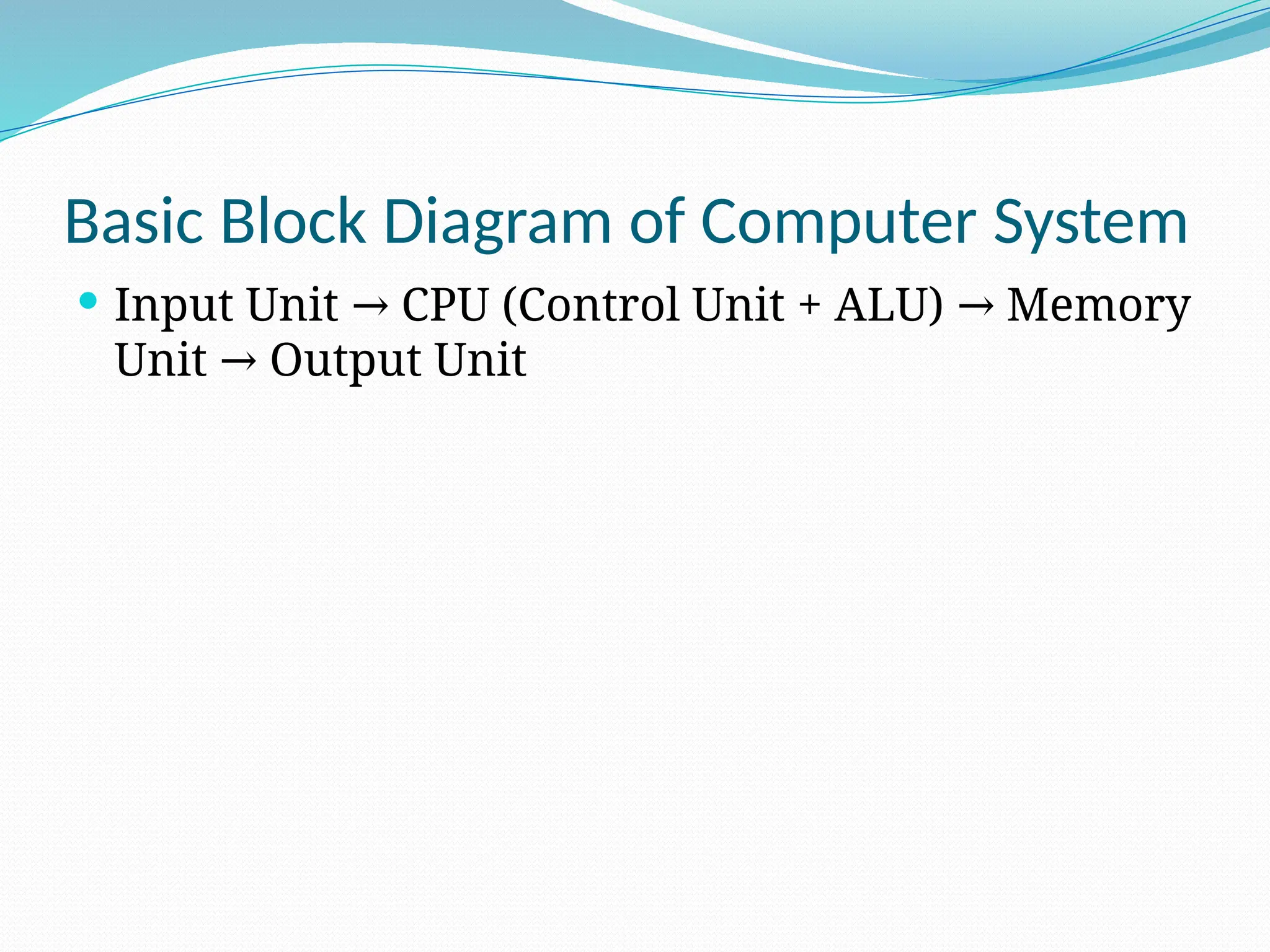Basic Block Diagram of Computer System
 Input Unit CPU (Control Unit + ALU) Memory
→ →
Unit Output Unit
→
 