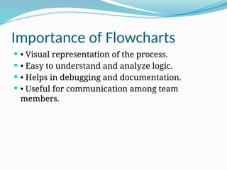 Importance of Flowcharts
 • Visual representation of the process.
 • Easy to understand and analyze logic.
 • Helps in debugging and documentation.
 • Useful for communication among team
members.
 