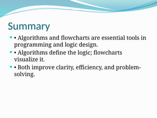 Summary
 • Algorithms and flowcharts are essential tools in
programming and logic design.
 • Algorithms define the logic; flowcharts
visualize it.
 • Both improve clarity, efficiency, and problem-
solving.
 