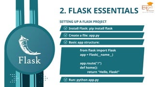 2. FLASK ESSENTIALS
SETTING UP A FLASK PROJECT
Install Flask: pip install flask
Create a file: app.py
Basic app structure:
Run: python app.py
from flask import Flask
app = Flask(__name__)
app.route("/")
def home():
return "Hello, Flask!"
 