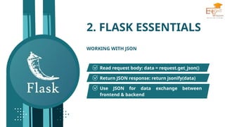 2. FLASK ESSENTIALS
WORKING WITH JSON
Read request body: data = request.get_json()
Return JSON response: return jsonify(data)
Use JSON for data exchange between
frontend & backend
 