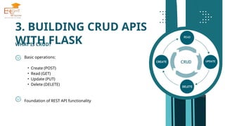 3. BUILDING CRUD APIS
WITH FLASK
WHAT IS CRUD?
Basic operations:
• Create (POST)
• Read (GET)
• Update (PUT)
• Delete (DELETE)
Foundation of REST API functionality
 