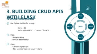 3. BUILDING CRUD APIS
WITH FLASK
IN-MEMORY DATA STORAGE
Use Python list/dict for testing:
items = [ ]
items.append({"id": 1, "name": "Book"})
Pros:
• Easy to set up
• No DB dependency
Cons:
• Temporary storage
• Not persistent across server restarts
 