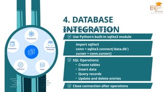 4. DATABASE
INTEGRATION
import sqlite3
conn = sqlite3.connect('data.db')
cursor = conn.cursor()
CONNECTING FLASK TO SQLITE
Use Python's built-in sqlite3 module
SQL Operations:
• Create tables
• Insert data
• Query records
• Update and delete entries
Close connection after operations
 