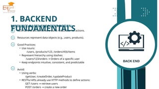 RESTful APIs are centered around resources, not actions.
Resources represent data objects (e.g., users, products).
Good Practices:
• Use nouns:
/users, /products/123, /orders/456/items
• Represent hierarchy using slashes:
/users/123/orders Orders of a specific user
→
• Keep endpoints intuitive, consistent, and predictable
Avoid:
• Using verbs:
/getUser, /createOrder, /updateProduct
• RESTful APIs already use HTTP methods to define actions:
GET /users retrieve users
→
POST /orders create a new order
→
RESOURCE-BASED ENDPOINT DESIGN
1. BACKEND
FUNDAMENTALS
 