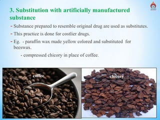 Alva's College of Pharmacy, Moodubidire 11
3. Substitution with artificially manufactured
substance
- Substance prepared to resemble original drug are used as substitutes.
- This practice is done for costlier drugs.
- Eg. - paraffin wax made yellow colored and substituted for
beeswax.
- compressed chicory in place of coffee.
coffee chicory
coffee
 