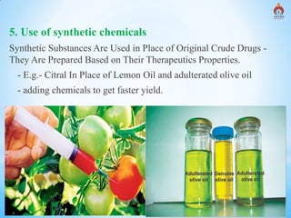 Alva's College of Pharmacy, Moodubidire 13
* 6. Use of synthetic chemicals
5. Use of synthetic chemicals
Synthetic Substances Are Used in Place of Original Crude Drugs -
They Are Prepared Based on Their Therapeutics Properties.
- E.g.- Citral In Place of Lemon Oil and adulterated olive oil
- adding chemicals to get faster yield.
 