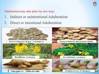 Alva's College of Pharmacy, Moodubidire 6
Adulteration may take place by two ways
1. Indirect or unintentional Adulteration
2. Direct or intentional Adulteration
 