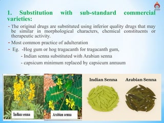Alva's College of Pharmacy, Moodubidire 9
1. Substitution with sub-standard commercial
varieties:
- The original drugs are substituted using inferior quality drugs that may
be similar in morphological characters, chemical constituents or
therapeutic activity.
- Most common practice of adulteration
- Eg. -Hog gum or hog tragacanth for tragacanth gum,
- Indian senna substituted with Arabian senna
- capsicum minimum replaced by capsicum annuum
 