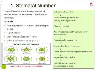1. Stomatal Number
Alva's College of Pharmacy, Moodubidire
5
Stomatal Number is theAverage number of
stomata per square millimeter of leaf surface/
epidermis.
Formula
 Stomatal Number = Number of stomata per
sq. mm
 Significance
 Used for identification of leaves
 Helps in differentiation of species
Collection of fresh leaf
↓
Preparation of epidermal peel
(usually lower epidermis)
↓
Place peel on slide
↓
Add glycerin/chloral hydrate and cover
with coverslip
↓
Observe under microscope
↓
Select defined area (1 sq. mm)
↓
Count number of stomata present in the area
↓
Repeat in different fields
↓
Calculate average number
of stomata per sq. mm
 
