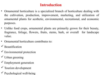 Introduction
• Ornamental horticulture is a specialized branch of horticulture dealing with
the cultivation, production, improvement, marketing, and utilization of
ornamental plants for aesthetic, environmental, recreational, and economic
purposes.
• Unlike food crops, ornamental plants are primarily grown for their beauty,
fragrance, foliage, flowers, fruits, stems, bark, or overall for landscape
value.
• Ornamental horticulture contributes to:
 Beautification
 Environmental protection
 Urban greening
 Employment generation
 Tourism development
 Psychological well-being
 