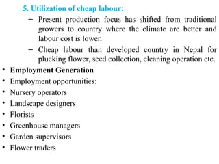 5. Utilization of cheap labour:
– Present production focus has shifted from traditional
growers to country where the climate are better and
labour cost is lower.
– Cheap labour than developed country in Nepal for
plucking flower, seed collection, cleaning operation etc.
• Employment Generation
• Employment opportunities:
• Nursery operators
• Landscape designers
• Florists
• Greenhouse managers
• Garden supervisors
• Flower traders
 