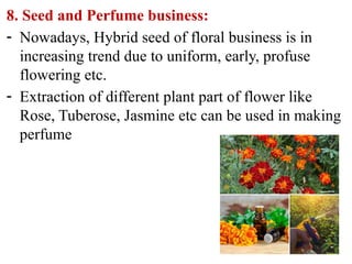 8. Seed and Perfume business:
- Nowadays, Hybrid seed of floral business is in
increasing trend due to uniform, early, profuse
flowering etc.
- Extraction of different plant part of flower like
Rose, Tuberose, Jasmine etc can be used in making
perfume
 