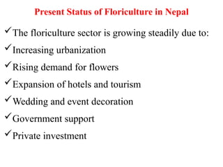 Present Status of Floriculture in Nepal
The floriculture sector is growing steadily due to:
Increasing urbanization
Rising demand for flowers
Expansion of hotels and tourism
Wedding and event decoration
Government support
Private investment
 