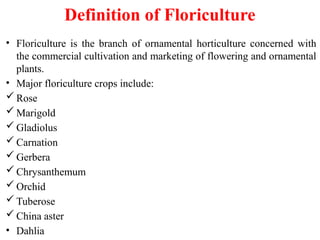 Definition of Floriculture
• Floriculture is the branch of ornamental horticulture concerned with
the commercial cultivation and marketing of flowering and ornamental
plants.
• Major floriculture crops include:
 Rose
 Marigold
 Gladiolus
 Carnation
 Gerbera
 Chrysanthemum
 Orchid
 Tuberose
 China aster
• Dahlia
 