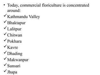 • Today, commercial floriculture is concentrated
around:
Kathmandu Valley
Bhaktapur
Lalitpur
Chitwan
Pokhara
Kavre
Dhading
Makwanpur
Sunsari
Jhapa
 