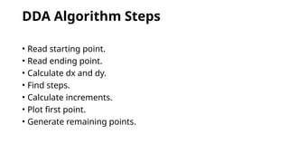 DDA Algorithm Steps
• Read starting point.
• Read ending point.
• Calculate dx and dy.
• Find steps.
• Calculate increments.
• Plot first point.
• Generate remaining points.
 