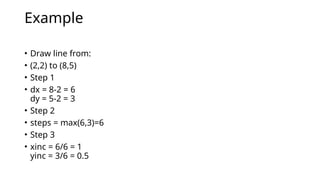 Example
• Draw line from:
• (2,2) to (8,5)
• Step 1
• dx = 8-2 = 6
dy = 5-2 = 3
• Step 2
• steps = max(6,3)=6
• Step 3
• xinc = 6/6 = 1
yinc = 3/6 = 0.5
 