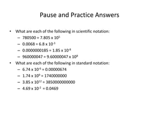 Pause and Practice Answers
• What are each of the following in scientific notation:
– 780500 = 7.805 x 105
– 0.0068 = 6.8 x 10-3
– 0.0000000185 = 1.85 x 10-8
– 960000047 = 9.60000047 x 108
• What are each of the following in standard notation:
– 6.74 x 10-6 = 0.00000674
– 1.74 x 109 = 1740000000
– 3.85 x 1012 = 3850000000000
– 4.69 x 10-2 = 0.0469
 