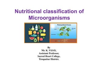 Nutritional classification of
Microorganisms
By
Mr. K. VIJAY,
Assistant Professor,
Sacred Heart College,
Tirupattur District.
 