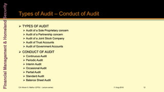Types of Audit – Conduct of Audit
 TYPES OF AUDIT
 Audit of a Sole Proprietary concern
 Audit of a Partnership concern
 Audit of a Joint Stock Company
 Audit of Trust Accounts
 Audit of Government Accounts
 CONDUCT OF AUDIT
 Continuous Audit
 Periodic Audit
 Interim Audit
 Occasional Audit
 Partial Audit
 Standard Audit
 Balance Sheet Audit
11-Aug-2016CA Vikram S. Mathur (GFSU - Lecture series) 12
 